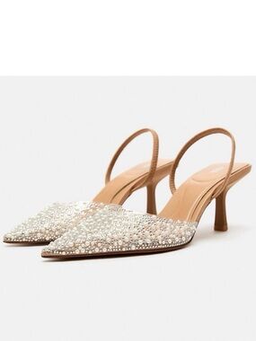 Zara Pearl & Crystal Nude Slingback Heels